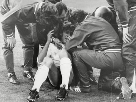 Emlyn Hughes after being hit by Argentina’s Rubén Glaria in a 1974 ‘friendly’ at Wembley