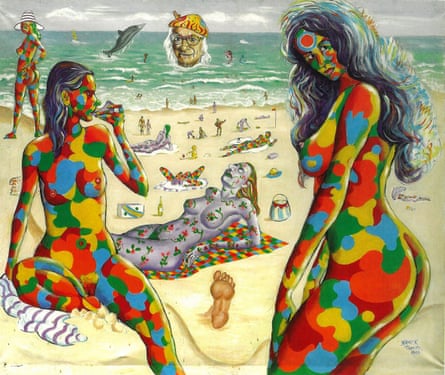 Multi-coloured nude women on a beach with Thornton’s head popping out of the water to look at them