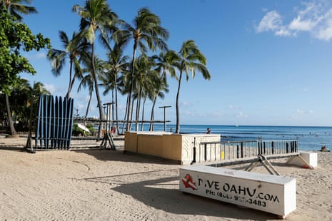 A surfboard concession stand is closed on Waikiki Beach due to the business downturn caused by the coronavirus disease in Honolulu, Hawaii.