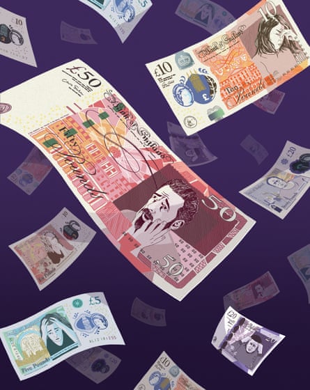 Illustration of paper money floating about a purple background