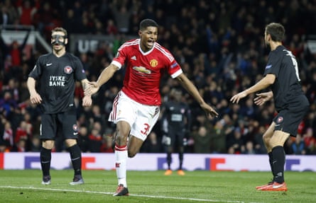 Marcus Rashford celebrates scoring against Midtjylland
