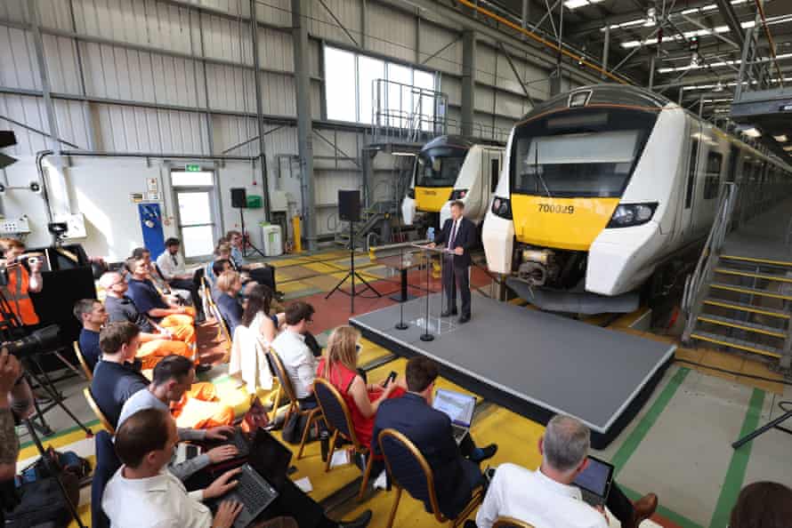 Grant Shapps giving a speech at Siemens Traincare Facility Mobility Division Rail Systems in north London.