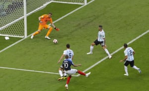 Franceâ€™s Kylian Mbappe scores their third goal.