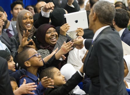 President Obama greets children from Al-Rahmah school and other guests during his visit to the Islamic Society of Baltimore on Wednesday.