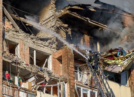 A building hit by a Russian drone in Kharkiv.