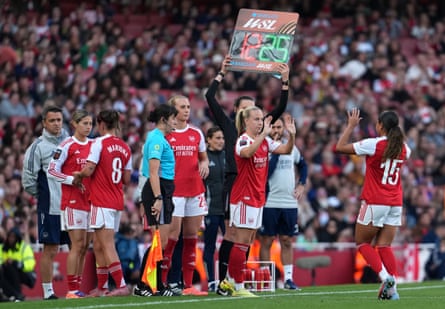 Beth Mead comes on as a substitute for Olivia Smith during the Women’s Super League match between Arsenal and Brighton.
