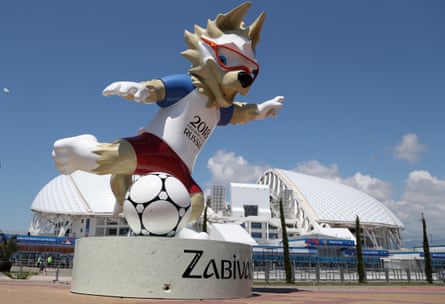 A statue of the 2018 World Cup mascot Zabivaka at the Fish Stadium in Sochi.