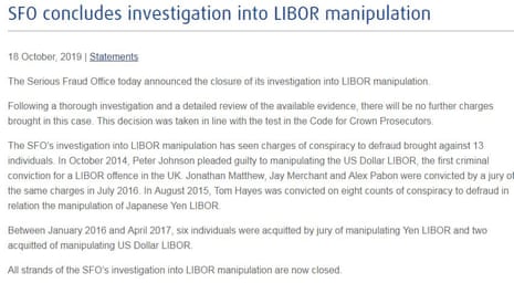 The SFO has closed its probe into LIBOR manipulation