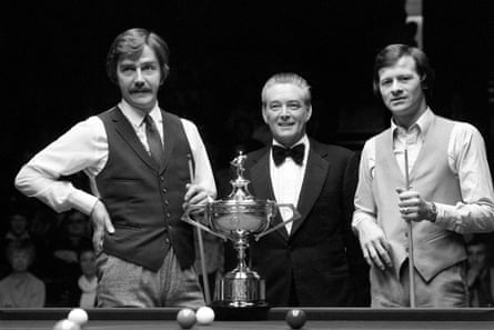Ahead of the final of the 1980 World Snooker Championship, posing with the trophy are Cliff Thorburn (left) and Alex Higgins (right) flanking referee John Street