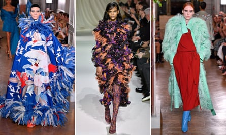 Models at the Valentino AW19 couture show during Paris Fashion Week (far left and right), and the Mary Katrantzou show at London Fashion Week (centre).