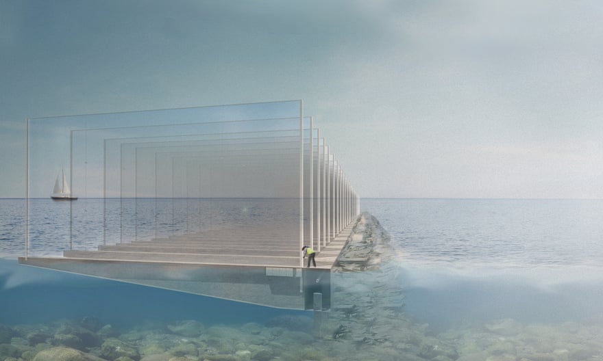 Horizon Lines materializes as a series of proposed giant solar panels with coatings that turn them transparent. They would be anchored in the ocean and mimic the crest and break of a wave. Each panel would come with an LED light that shines in varying brightness to reflect the amount of energy produced. The design is a nod to a sewage pipe that used to run below the pier, emptying waste into the ocean. It would produce 625 megawatt hours of electricity each year. Artists: Rebecca Borowiecki from Boulder, Colorado. Photograph: Land Art Generator Initiative