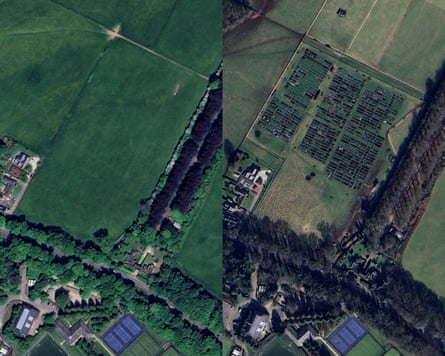 Satellite view before and after of Leigh Woods Meadows with allotments shown in 2025