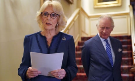 Camilla, the Queen Consort, speaking at a reception at Clarence House in London, with King Charles III watching