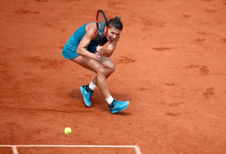Simona Halep scurries to the corner of the court to play a return.