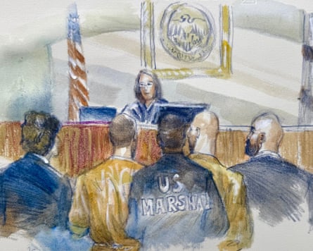 In this courtroom sketch Andrew and Tristan Tate look pinch earlier judge Lauren Louis.