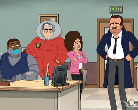 A group of cartoon characters in an office
