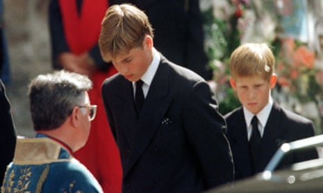 Prince William and Prince Harry at the funeral procession of their mother, Diana, Princess of Wales.