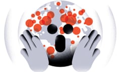 Illustration of globe looking like a face screaming with hands up, and red virus dots across it