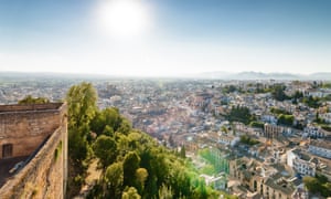 Sunny view of Granada from viewpoint of garden of Generalife, Andalusia province, Spain.