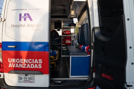 A stocked ambulance sits outside the medical centre waiting to be deployed to a designated post around the track at the Mexico Grand Prix.