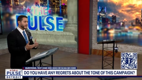 A screenshot from a televised Michigan Senate debate that only one of the two candidates, Democrat Abdul El-Sayed, attended on Tuesday. An empty podium was left for Republican Mike Rogers, who chose not to attend.