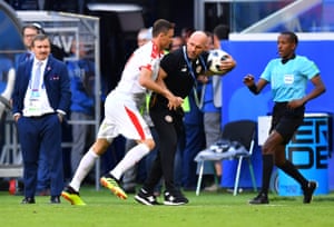 Nemanja Matic clashes with Costa Rica’s assistant coach Luis Marin.