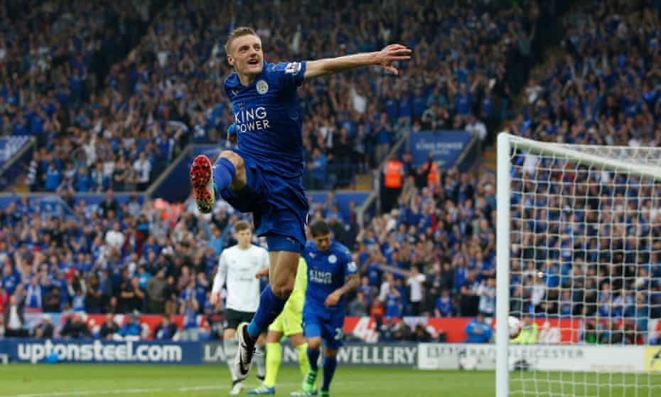 Jamie Vardy celebrates after scoring the third goal for Leicester City against Everton.