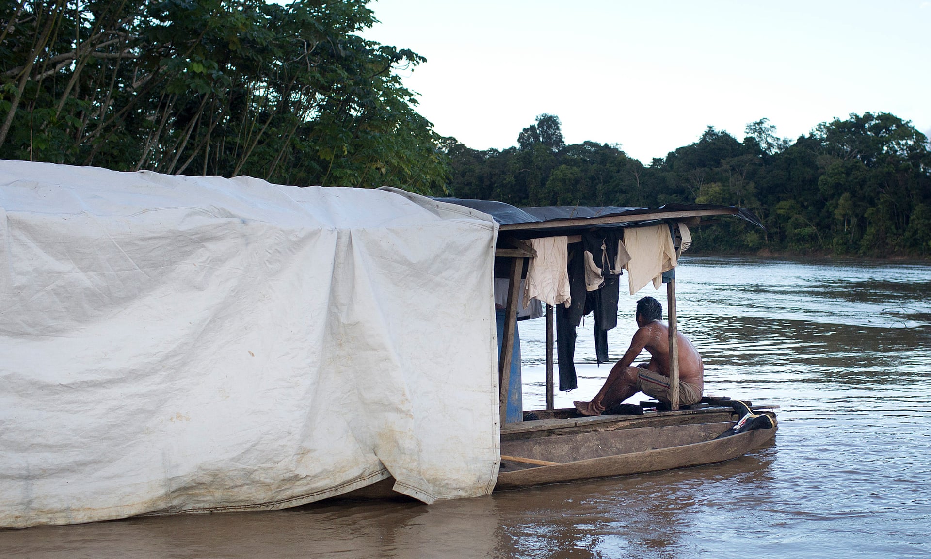A Peruvian boat on the River Curaray in Ecuador, photographed during the reconnaissance trip.. Photograph: Edu Leon