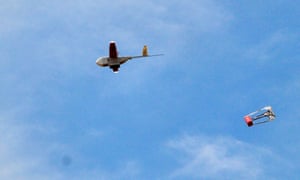 A drone drops its first blood delivery in the compound of Kabgayi hospital, south of Kigali, Rwanda.