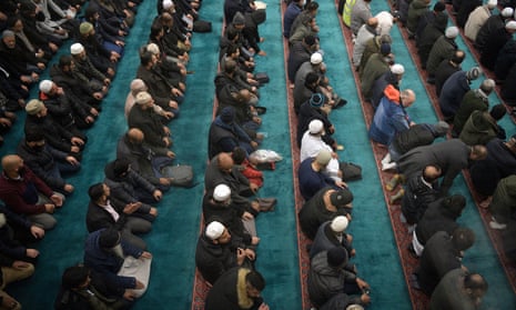 Muslims in prayer at the East London Mosque in Whitechapel.