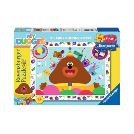 Hey Duggee puzzle box showing a smiling cartoon dog in a party hat