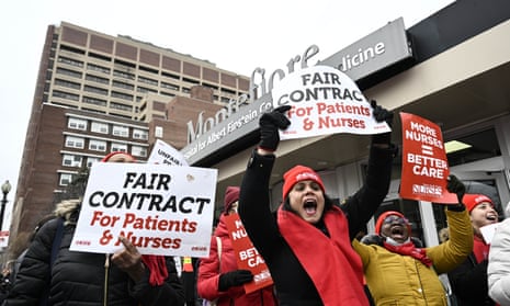 Nurses picket outside Montefiore medical center on Wednesday before the resolution of a three-day strike at two of New York City's biggest hospitals.