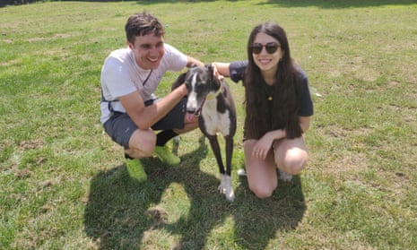 So close: Sirin Kale and her boyfriend Charlie with Laddie, the greyhound they nearly owned. 