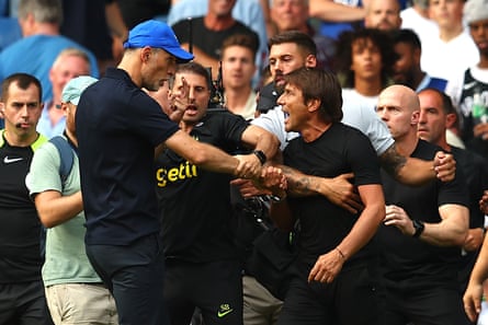 Chelsea manager Thomas Tuchel clashes with Tottenham Hotspur manager Antonio Conte at full time at Stamford Bridge