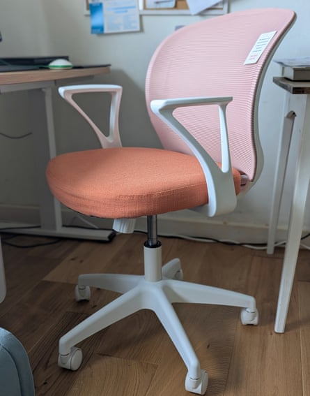 Habitat Beck Mesh Office Chair in Pink & Orange. It has a set of five castor wheels.