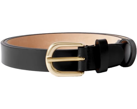 A black leather belt with gold buckle on a white background.