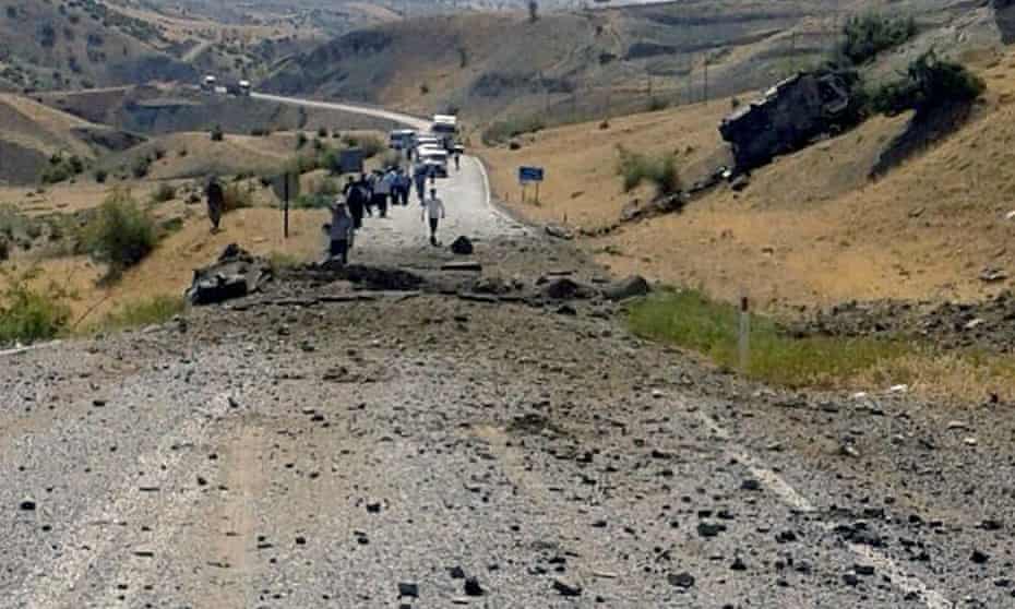 The site of a roadside bomb in Siirt province, in August. Turkey launched airstrikes on Tuesday in response to the deaths of 16 soldiers at the weekend. 