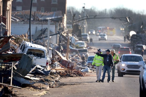 Homes and business are reduced to rubble after a tornado ripped through the area two days prior in Mayfield, Kentucky. Multiple tornadoes touched down in several Midwest states late evening December 10 causing widespread destruction and leaving more than 80 people dead