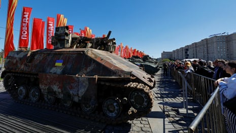 Russia parades western-made tanks captured from Ukrainian army – video