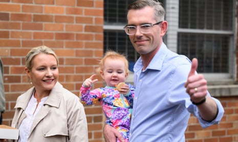 NSW Premier Dominic Perrottet, his daughter Celeste and wife Helen Perrottet after casting their votes in the seat of Epping.