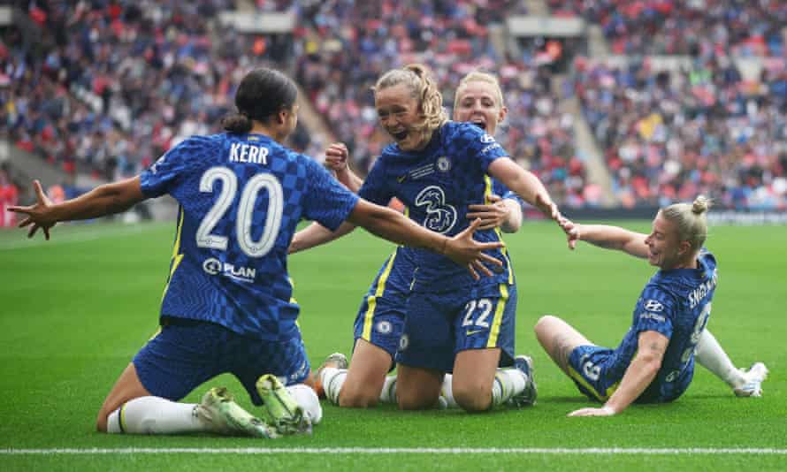 Chelsea’s Erin Cuthbert celebrates with team-mates Sam Kerr, Bethany England (right) and Sophie Ingle after her thunderous strike from outside the area put Chelsea ahead again.