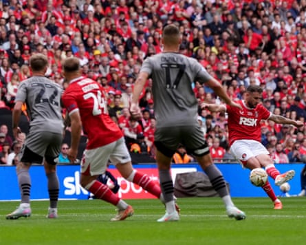 Macaulay Gillesphey (right) fires home Charlton’s first-half winner at Wembley
