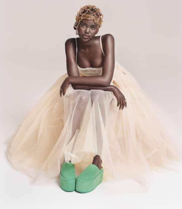 Golden moment: tulle dress and green flatforms by mollygoddard.com; ring by Vintage Mercedes-Benz jewellery.