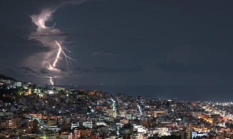Lightning illuminates the sky over Vyronas in Athens, Greece