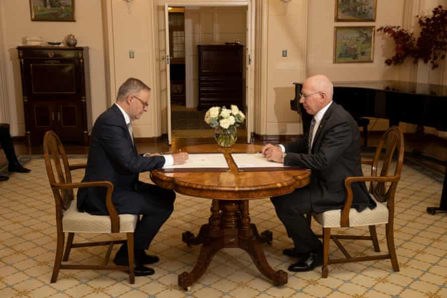 Anthony Albanese is sworn in as the 31st Prime Minister of Australia at Government House in Canberra this morning