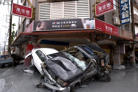 Damaged cars, after flooding brought by Super Typhoon Ragasa in Hualien, Taiwan.