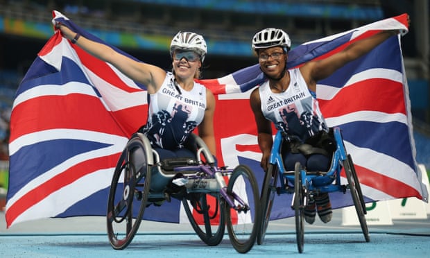 Britain’s Hannah Cockroft (left) and Kare Adenegan celebrate winning the gold and bronze in the women’s T34 400m at the Rio Games