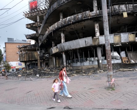 Damaged buildings near the Lukianivska metro station.