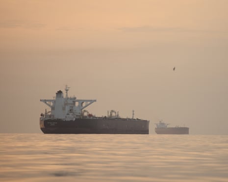 Tankers anchored in the strait of Hormuz off the coast of Iran