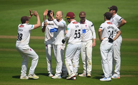 Jack Leach of Somerset celebrates the wicket of Simon Harmer